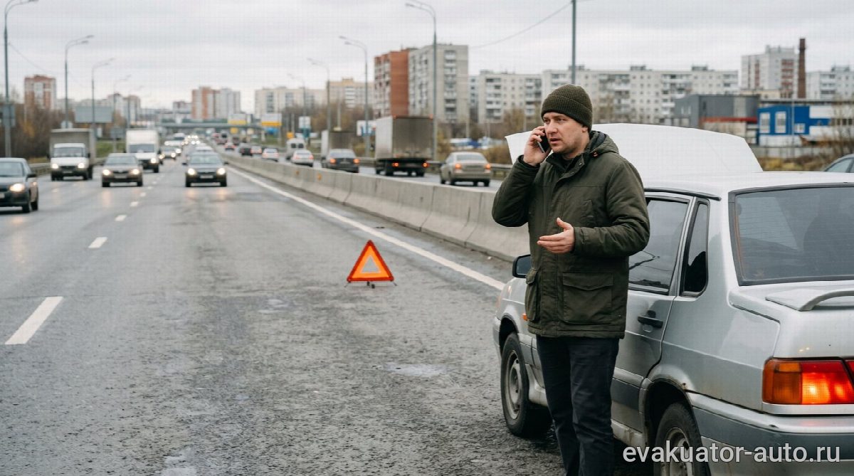 Водитель стоит рядом с машиной и разговаривает по телефону на трассе
