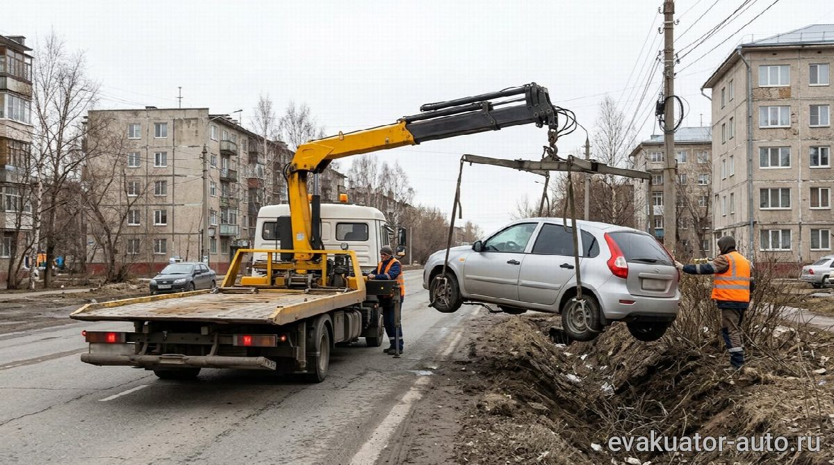 Манипулятор выполняет погрузку автомобиля с заблокированными колесами