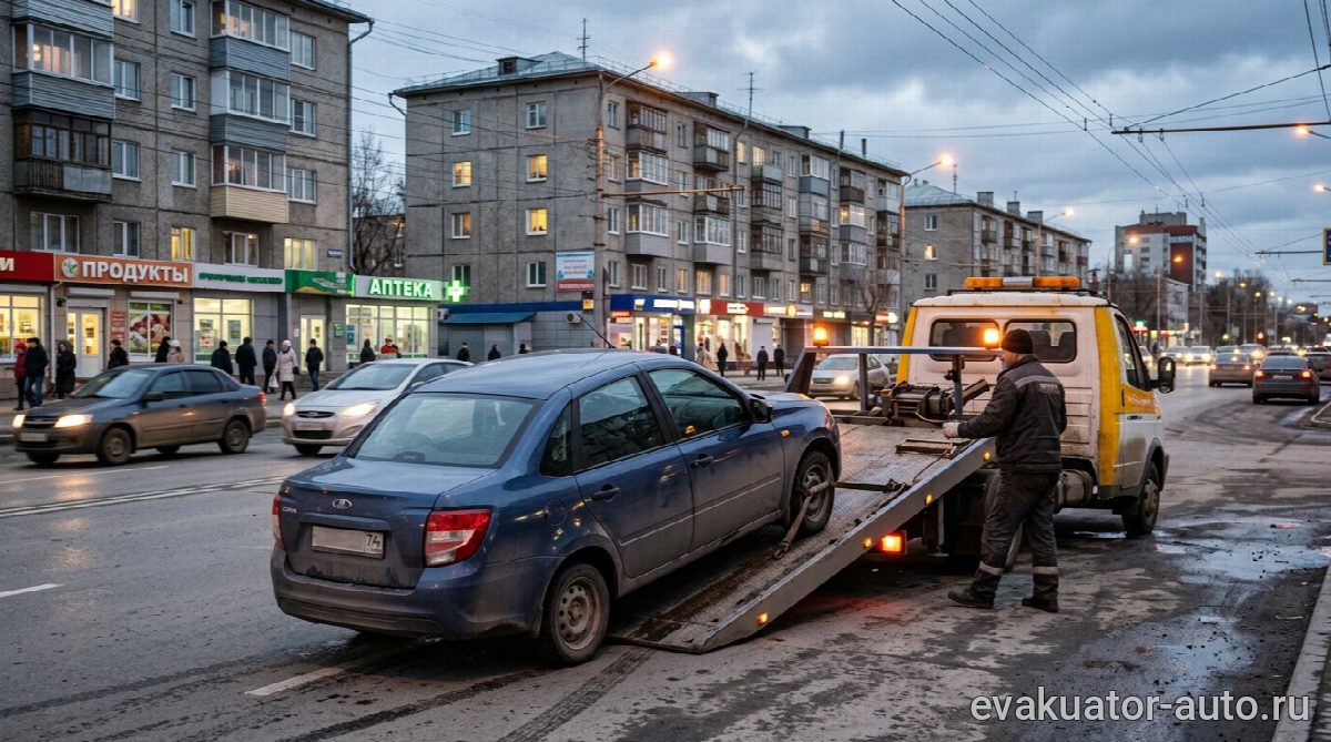 Эвакуатор с частичной погрузкой легкового автомобиля на дороге в Нижнем Новгороде