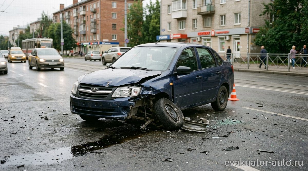 Повреждённый автомобиль с разбитым передним колесом и утечкой масла после ДТП