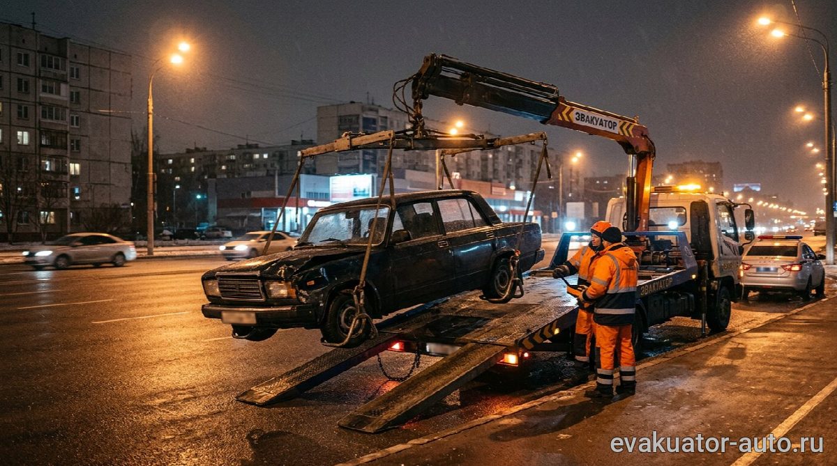 Погрузка автомобиля с заблокированными колесами на эвакуатор с помощью манипулятора