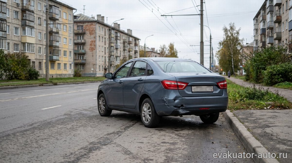 Автомобиль с лёгкими повреждениями бампера после ДТП, который может ехать сам