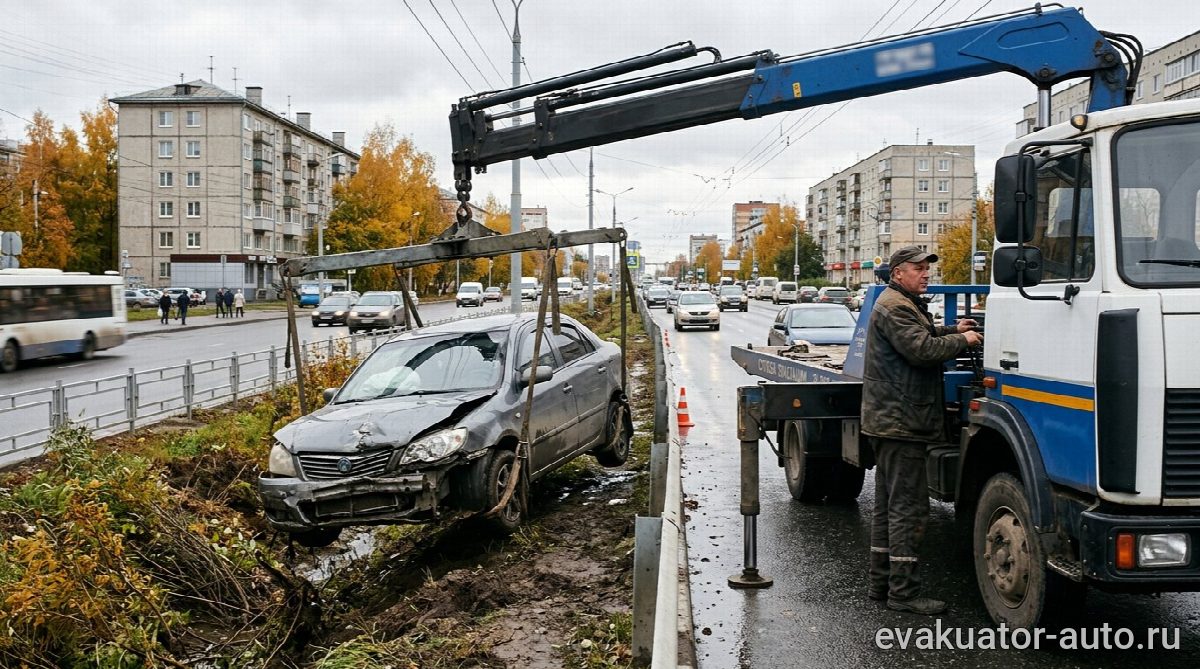 Погрузка автомобиля с помощью манипулятора после аварии
