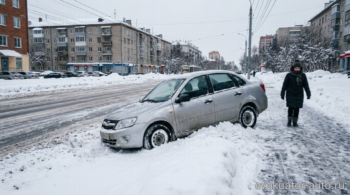 Автомобиль, глубоко застрявший в снежном сугробе на обочине дороги в Нижнем Новгороде