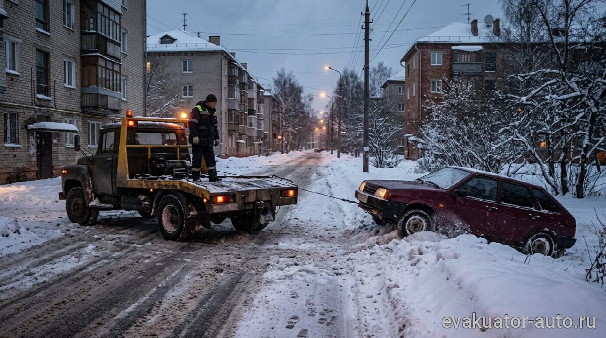 Эвакуатор с лебедкой вытаскивает автомобиль из снежного плена на заснеженной улице