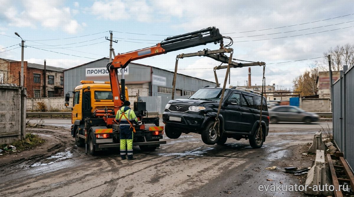 Погрузка автомобиля на эвакуатор с помощью манипулятора