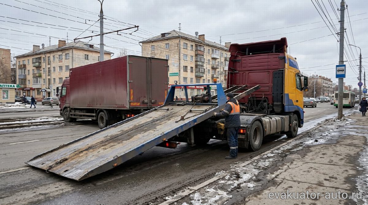 Грузовой эвакуатор со сдвижной платформой частично загружает фуру