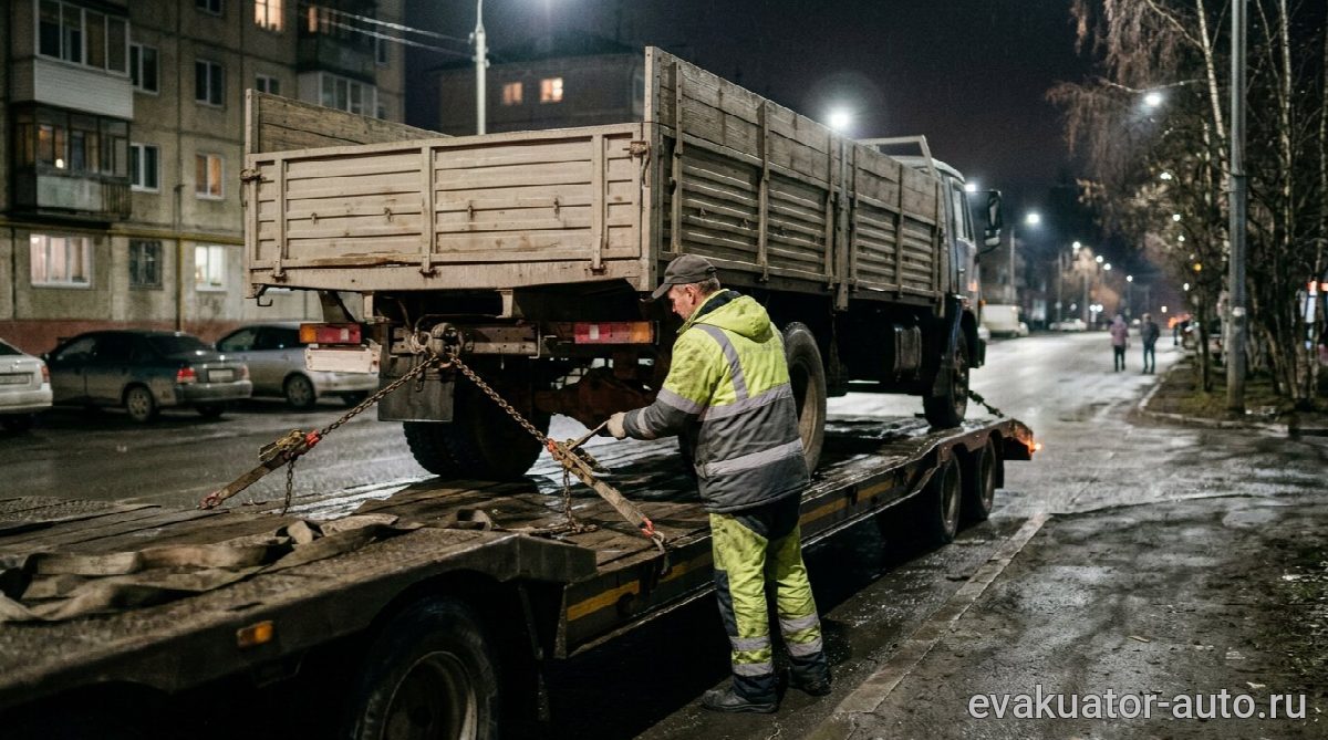 Процесс фиксации грузовика на трале перед транспортировкой