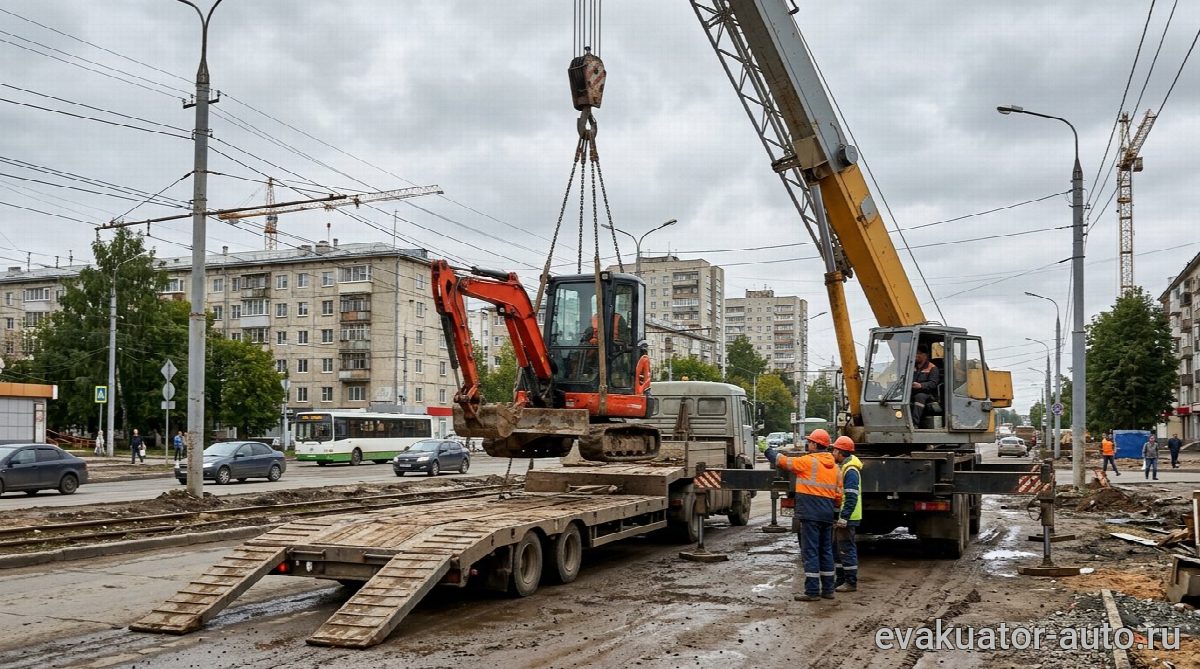 Манипулятор поднимает спецтехнику для эвакуации