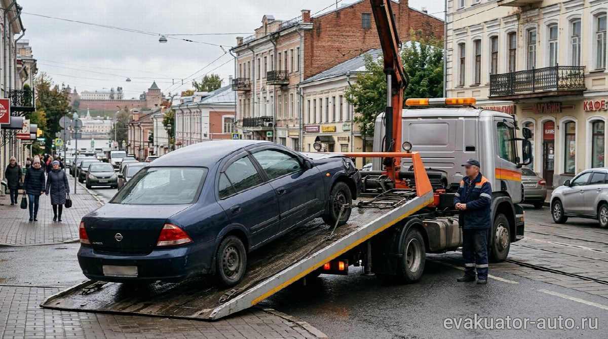 Эвакуатор с откидной платформой в процессе заезда автомобиля