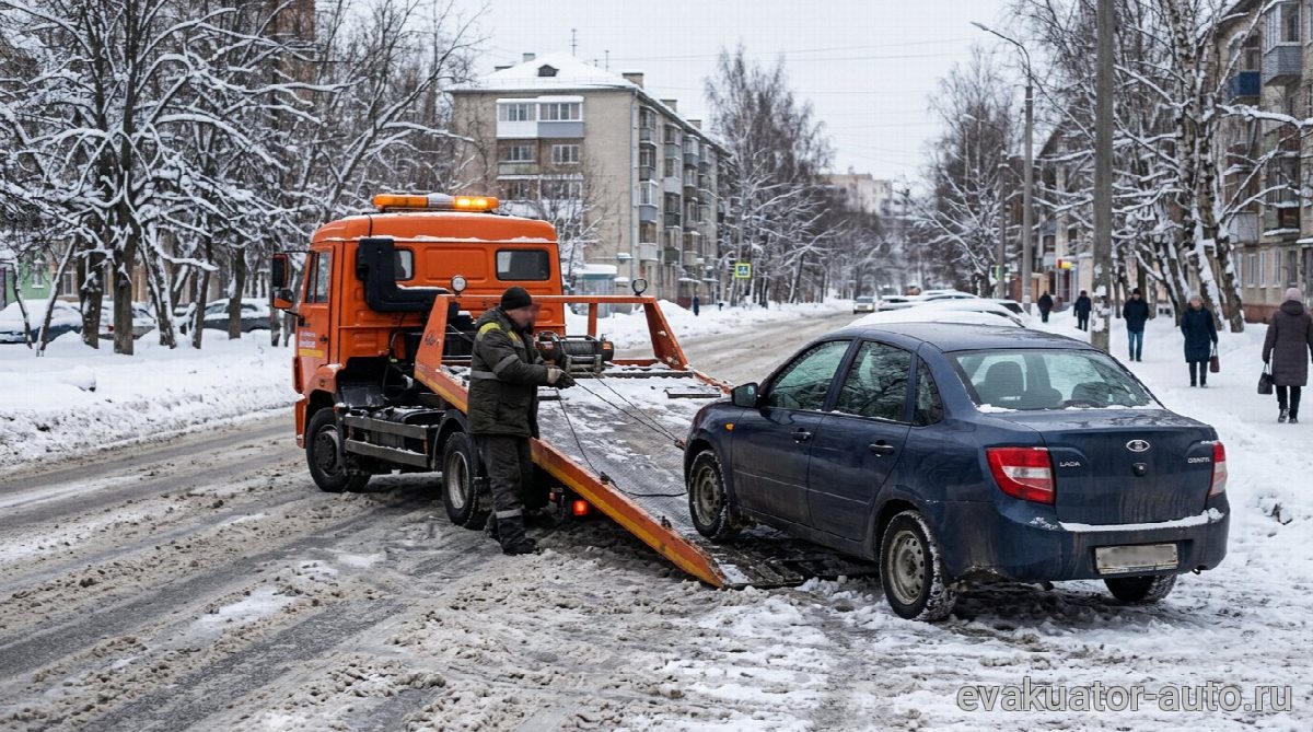 Эвакуатор с частично погруженным автомобилем на заснеженной дороге в Нижнем Новгороде