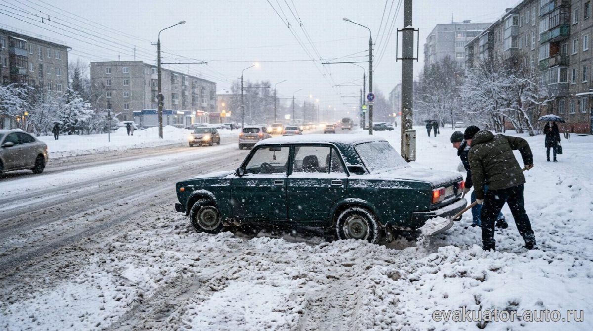 Автомобиль, застрявший в глубоком снегу на обочине
