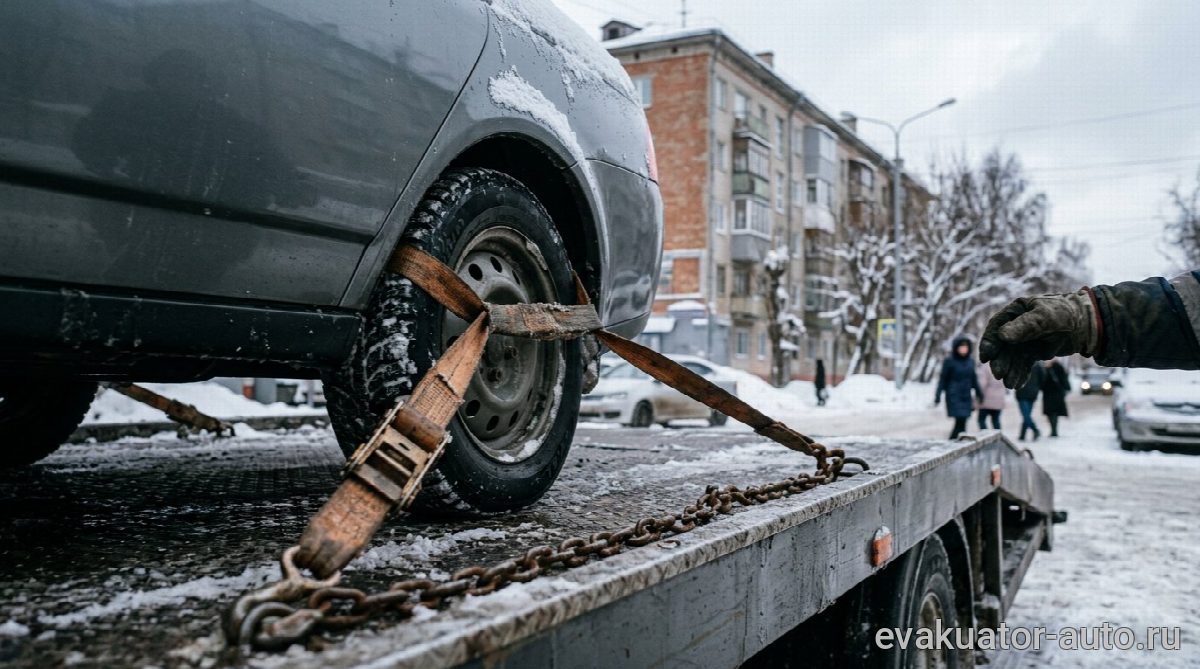 Процесс фиксации автомобиля на платформе эвакуатора в зимних условиях