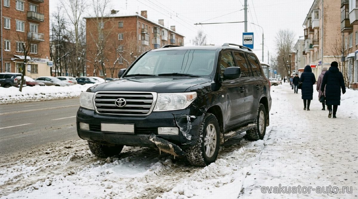 Внедорожник с поврежденным передним бампером после неудачной погрузки на прямую платформу