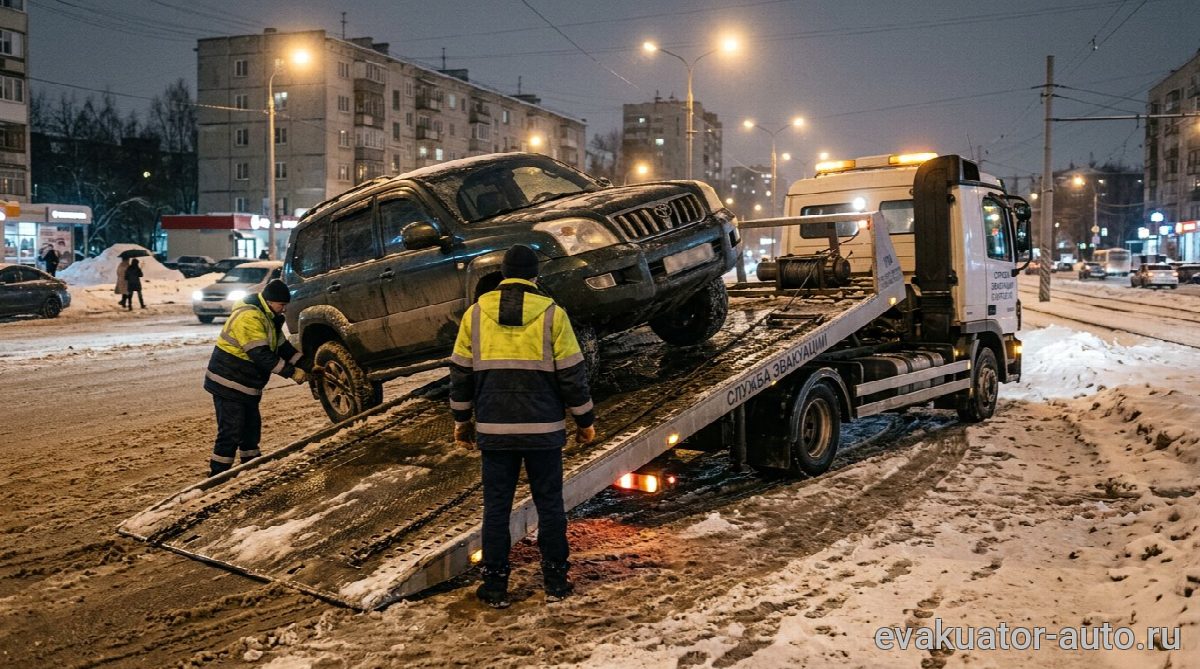 Погрузка тяжелого рамного внедорожника на ломаную платформу с помощью лебедки