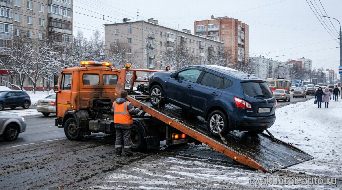 Эвакуатор с частично погруженным внедорожником на дороге в Нижнем Новгороде