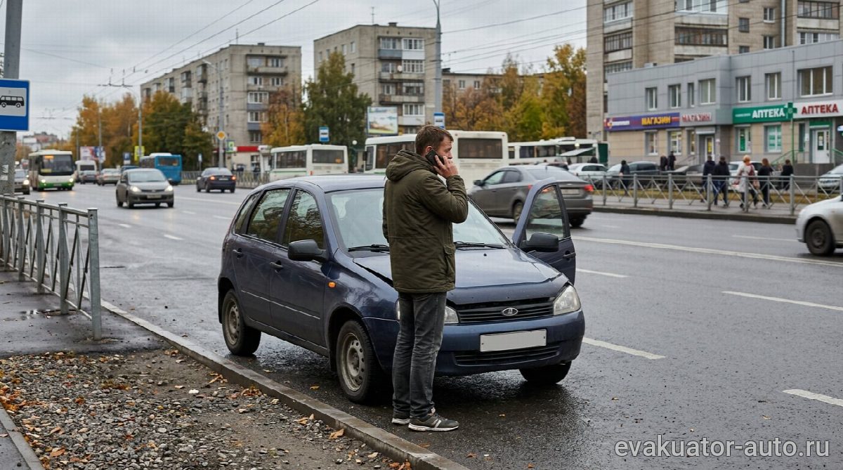 Водитель разговаривает по телефону рядом с неисправным автомобилем