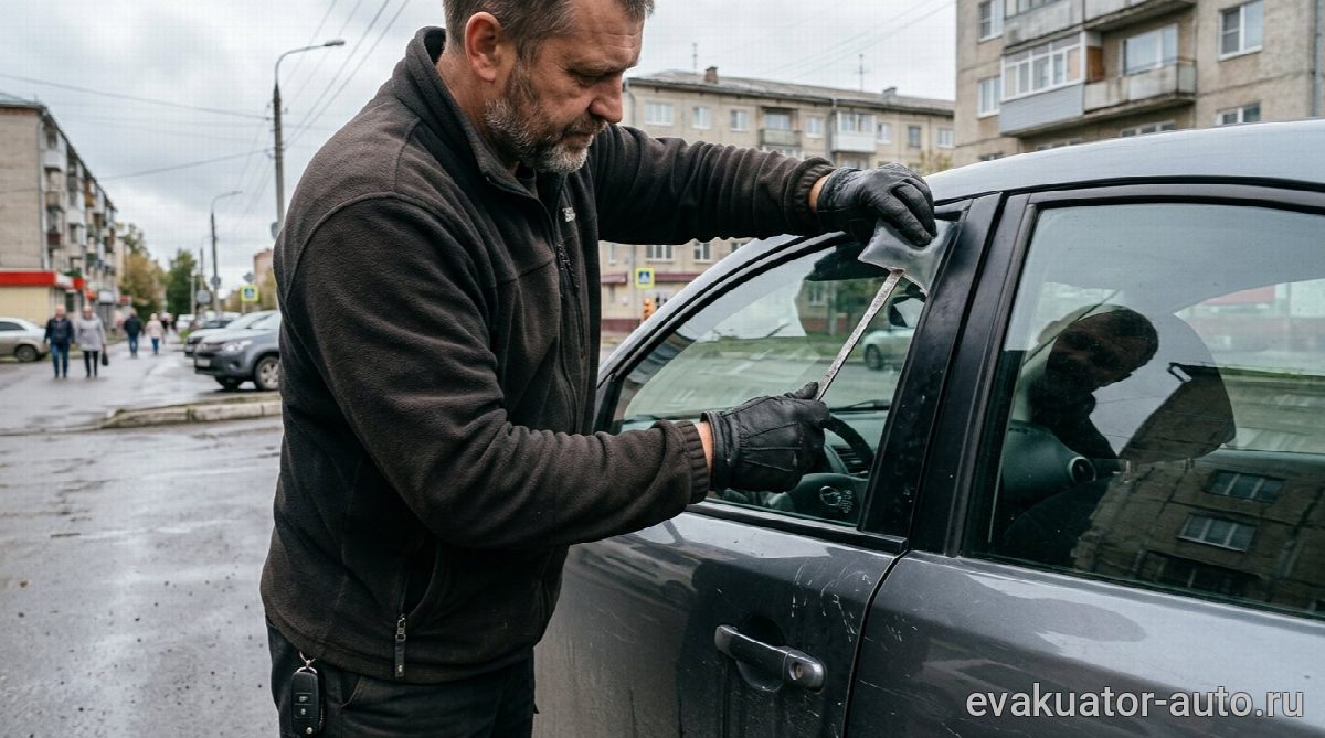 Специалист вскрывает автомобиль с помощью профессионального инструмента