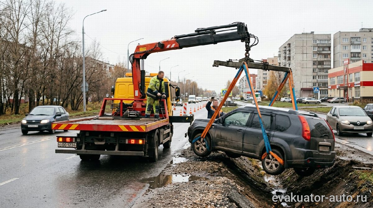 Манипулятор поднимает автомобиль из кювета
