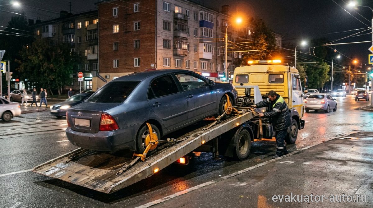 Эвакуатор забирает автомобиль с заблокированными колесами