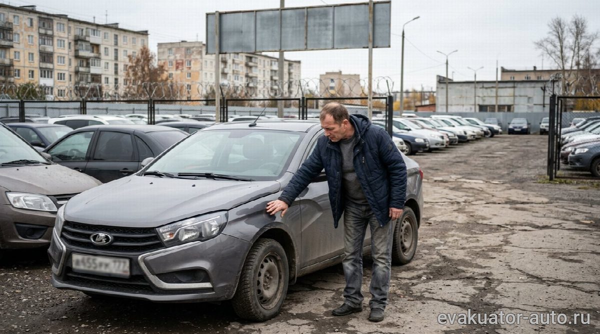 Водитель осматривает автомобиль при получении со штрафстоянки