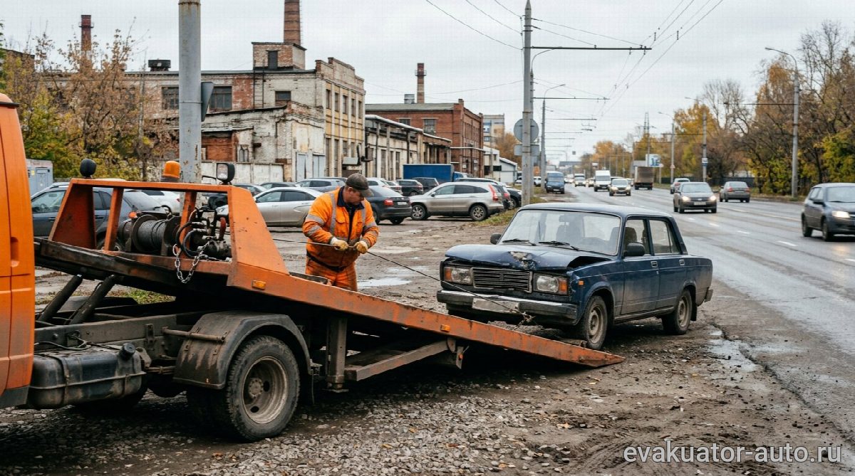 Погрузка автомобиля на эвакуатор с помощью лебёдки