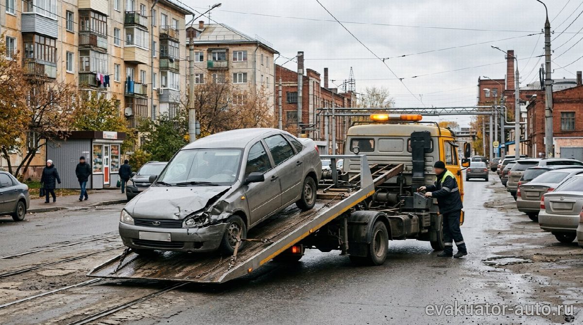 Эвакуатор с частичной погрузкой забирает легковой автомобиль в Ленинском районе Нижнего Новгорода