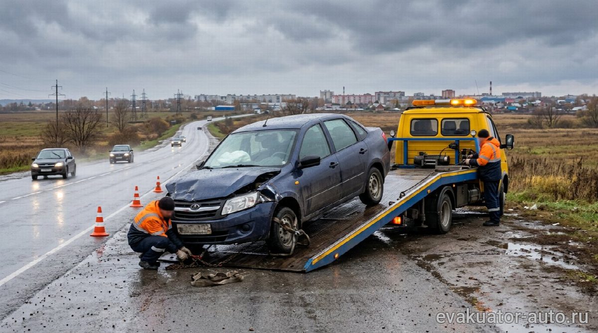 Эвакуатор с частичной погрузкой автомобиля на трассе возле Лукоянова