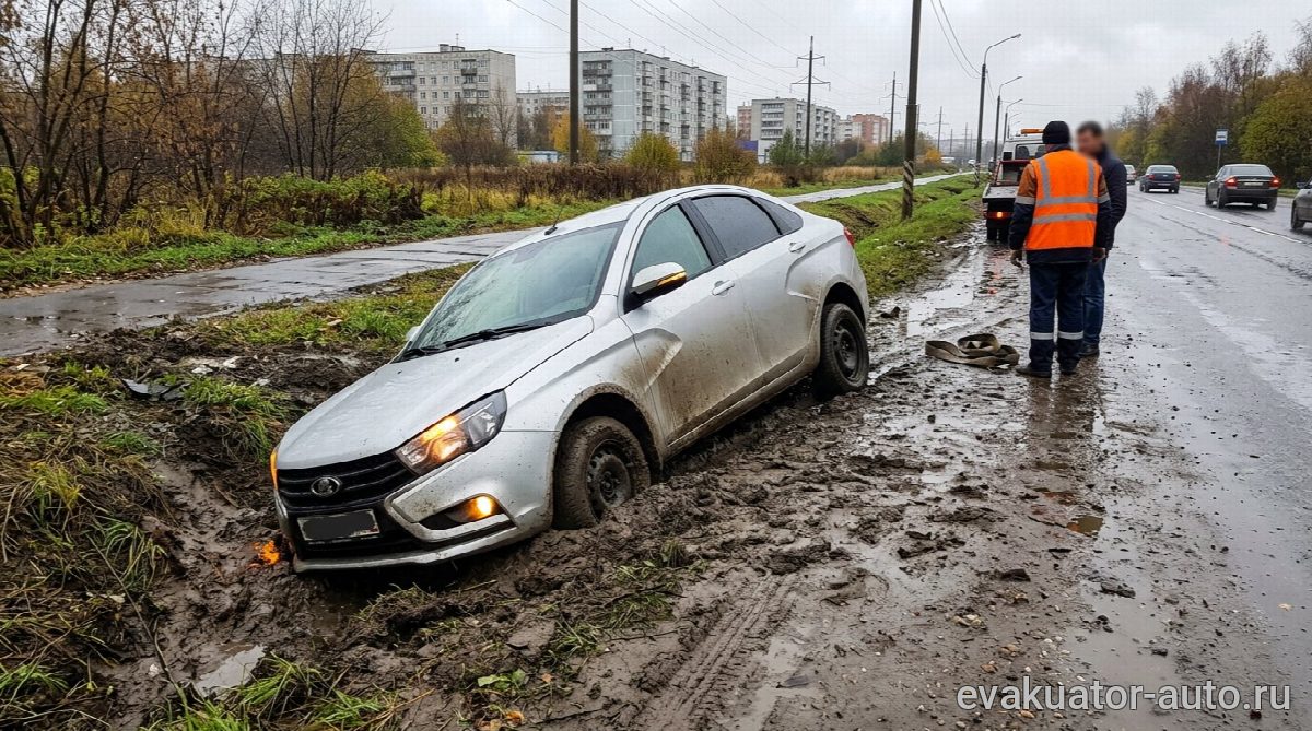 Легковой автомобиль, съехавший в глубокий кювет с грязным дном после дождя