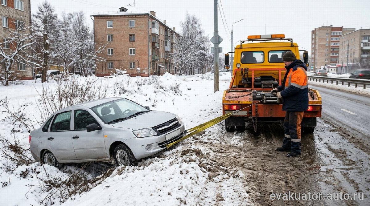 Эвакуатор с лебёдкой аккуратно вытягивает машину из кювета с помощью строп, зацепленных за буксировочные проушины