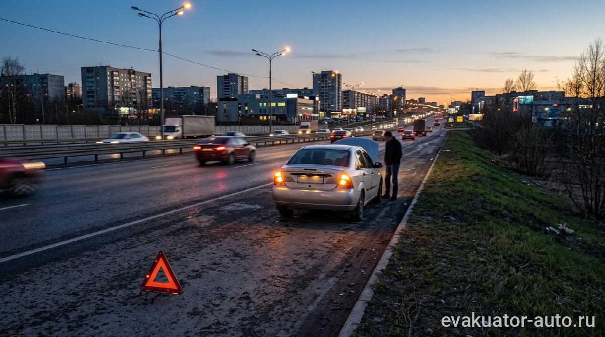 Автомобиль с включенной аварийной сигнализацией на обочине дороги