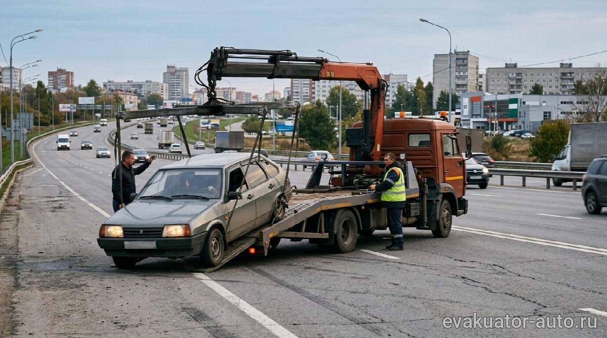 Погрузка автомобиля на эвакуатор с помощью манипулятора