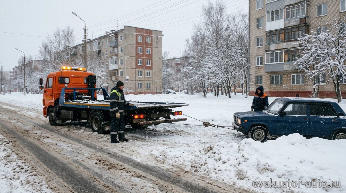 Эвакуатор с лебёдкой вытягивает легковой автомобиль из сугроба