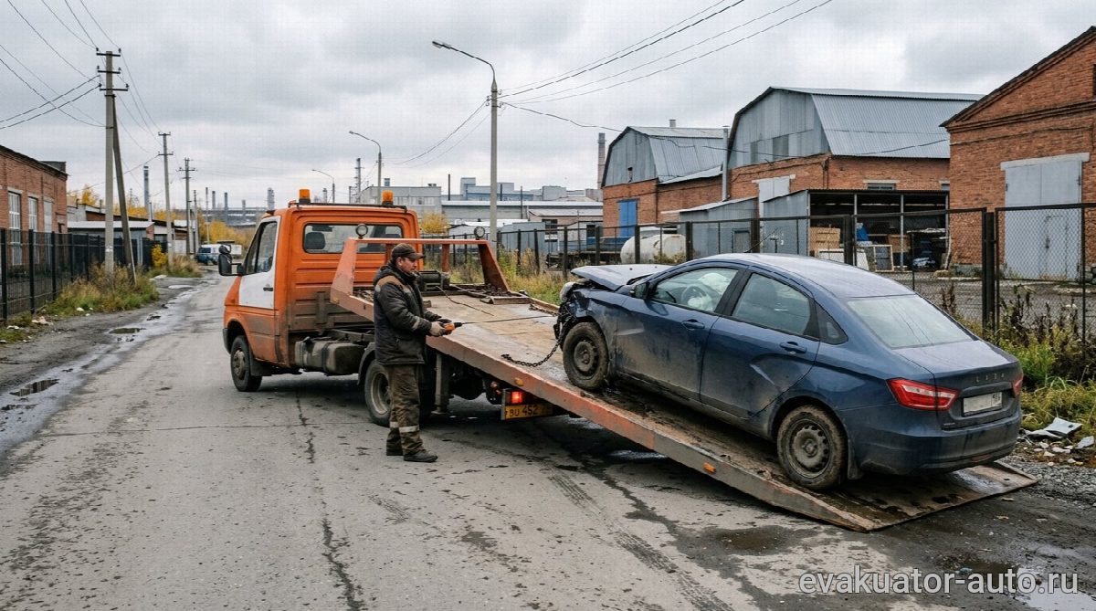 Погрузка автомобиля на эвакуатор в промзоне