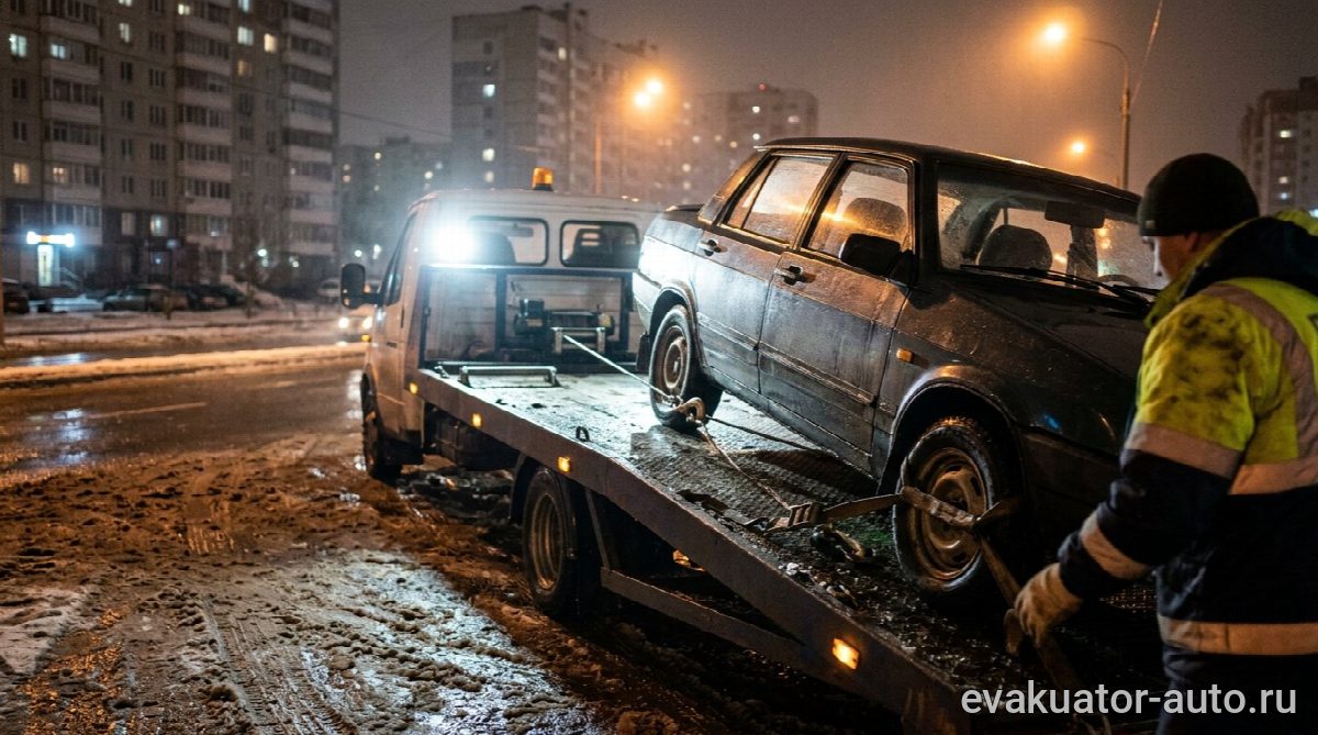 Процесс погрузки автомобиля на эвакуатор