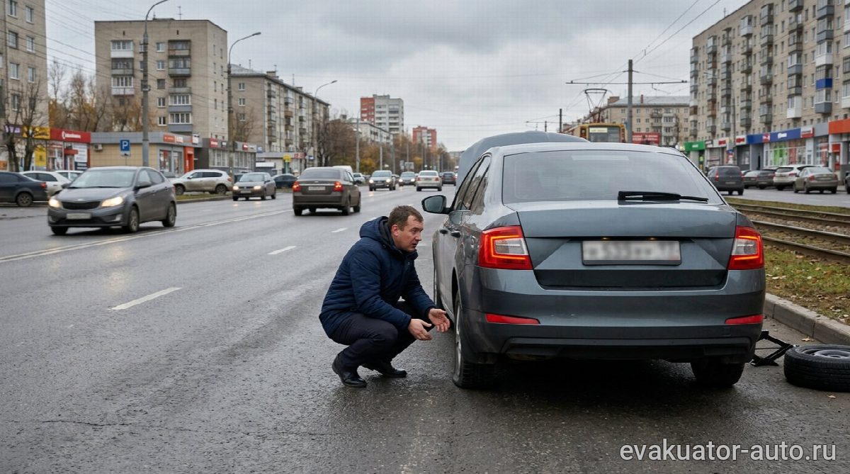 Автомобиль с проколотым колесом стоит на обочине дороги в Нижнем Новгороде