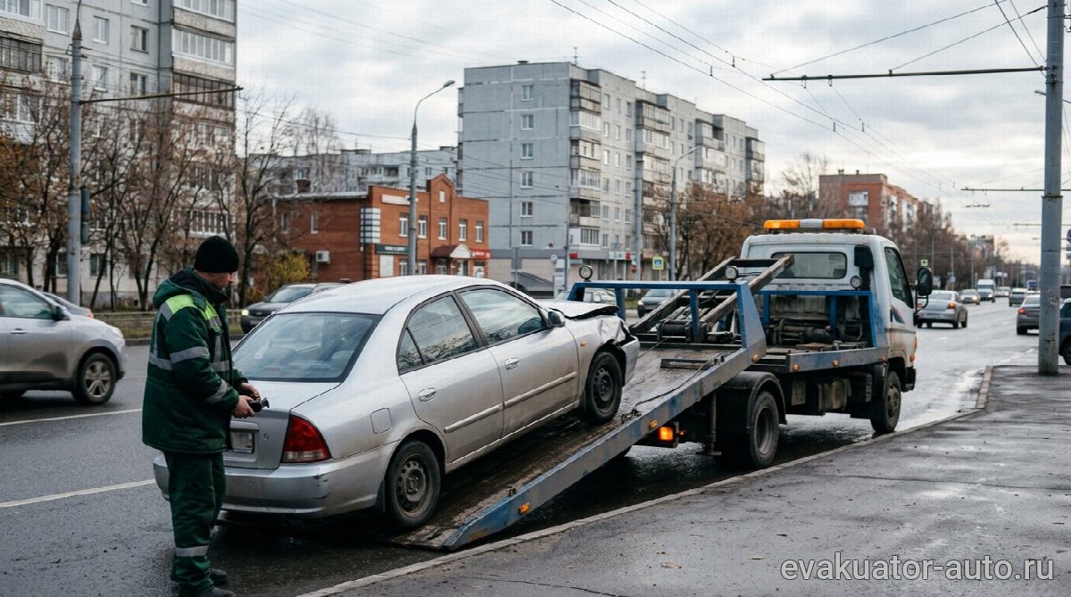 Погрузка автомобиля на эвакуатор с помощью лебедки