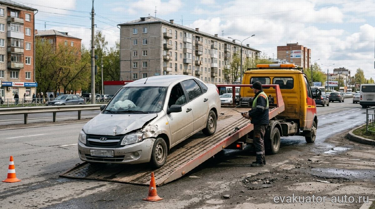 Эвакуатор с гидравлической платформой загружает легковой автомобиль