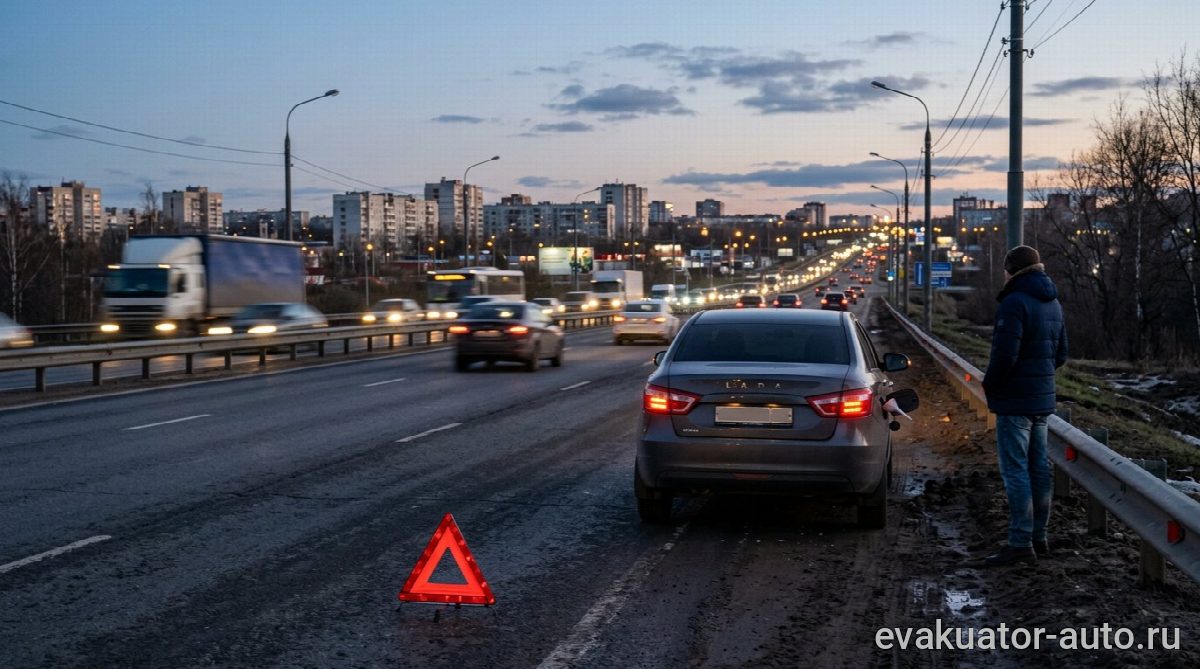 Автомобиль с пустым баком стоит на обочине Московского шоссе в Нижнем Новгороде