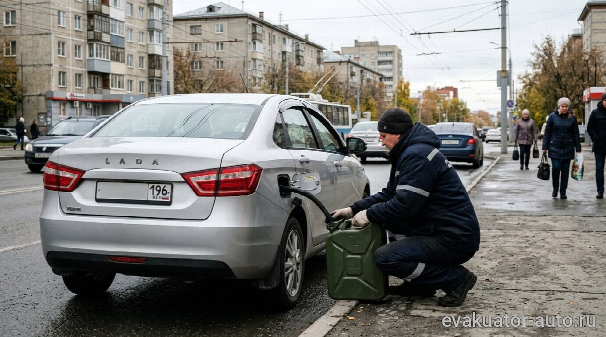 Процесс заправки автомобиля из канистры на месте в Нижнем Новгороде