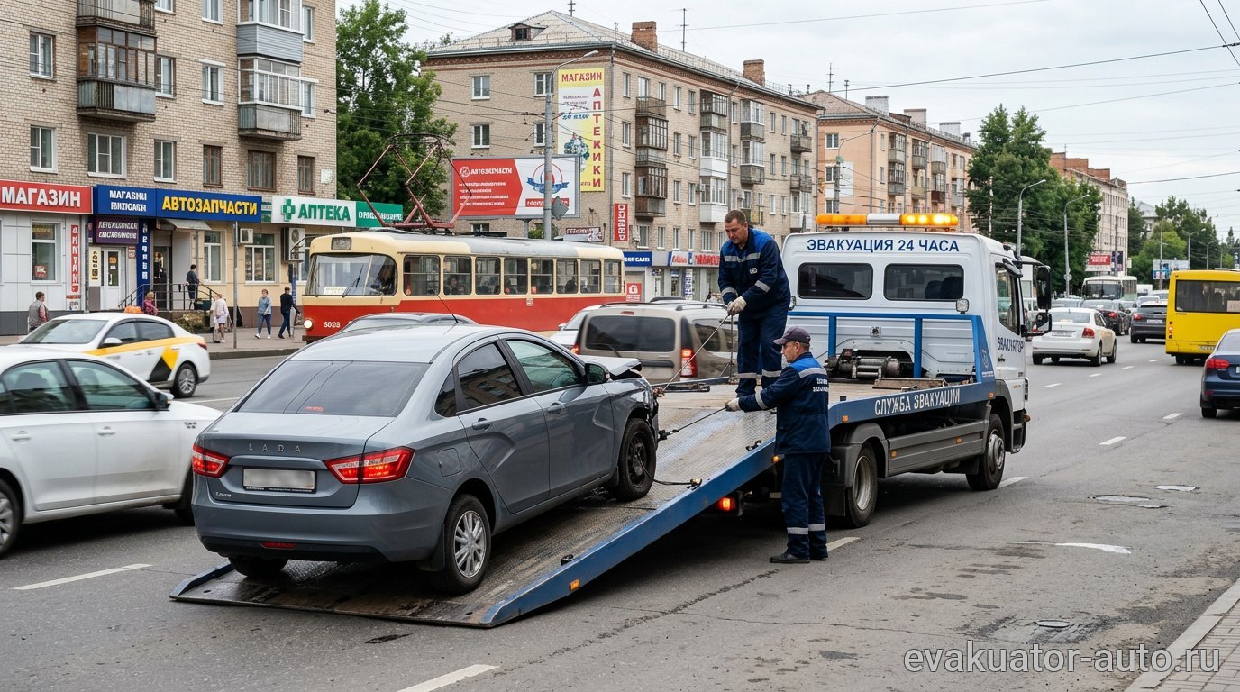 Эвакуатор забирает машину с заглохшим двигателем на дороге