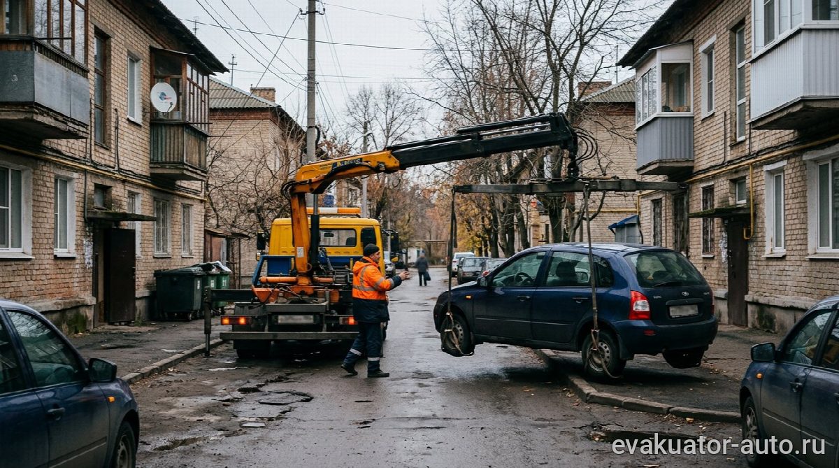 Эвакуатор манипулятор в узком проезде Приокского района Нижнего Новгорода