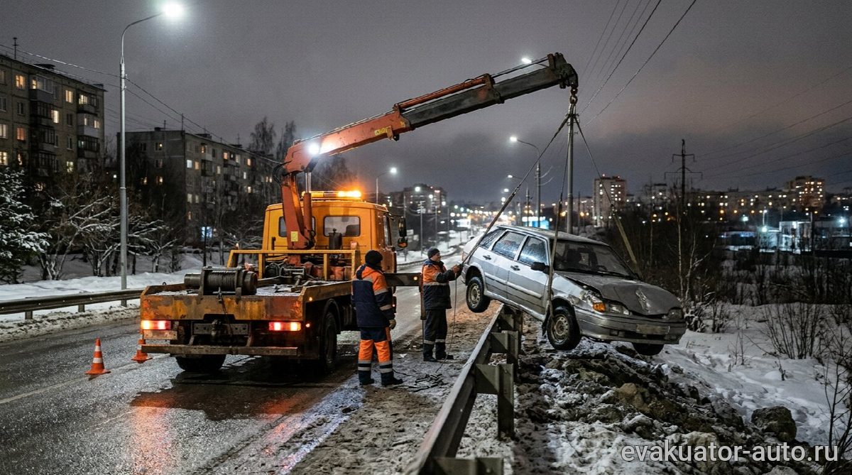 Манипулятор аккуратно поднимает машину с помощью лебёдки