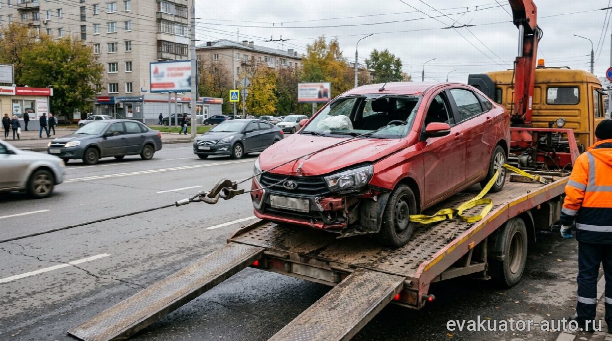 Погрузка автомобиля на эвакуатор с помощью лебёдки