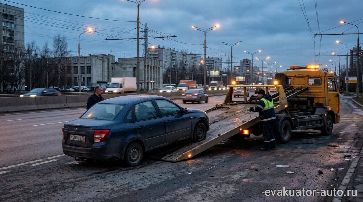 Эвакуатор с частичной погрузкой легкового автомобиля на трассе