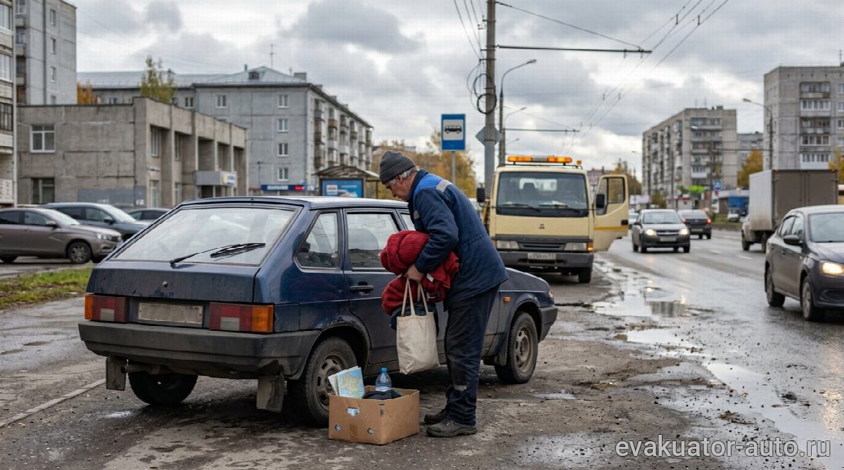 Водитель готовит автомобиль к эвакуации на обочине