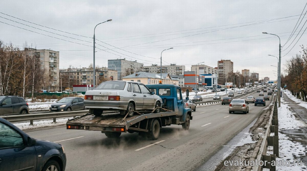 Эвакуатор с легковым автомобилем на платформе едет по трассе