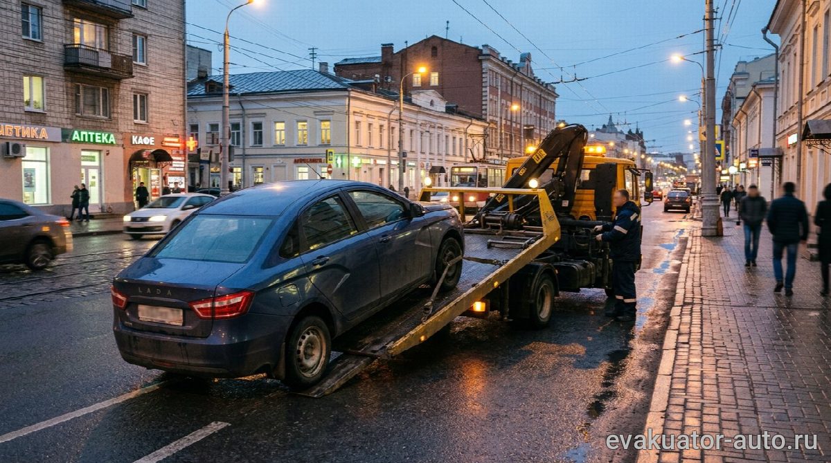 Эвакуатор с частичной погрузкой легкового автомобиля на улице Нижнего Новгорода