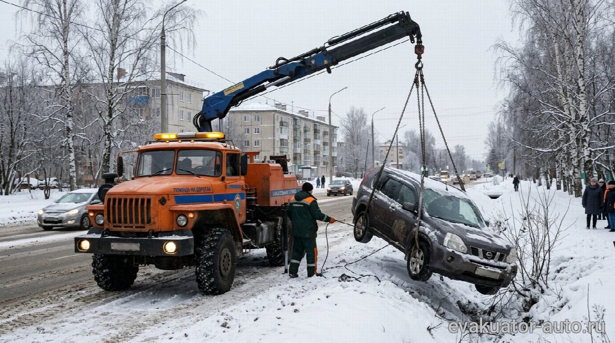 Манипулятор поднимает внедорожник из кювета
