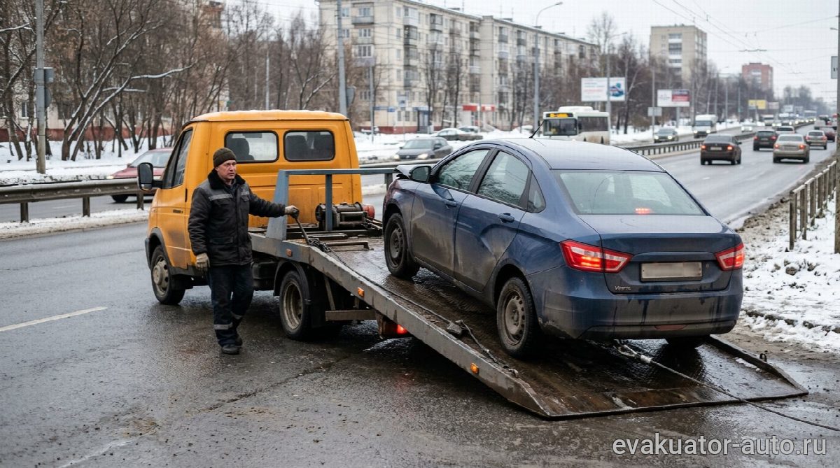 Эвакуатор с полной погрузкой автомобиля со сломанной коробкой передач
